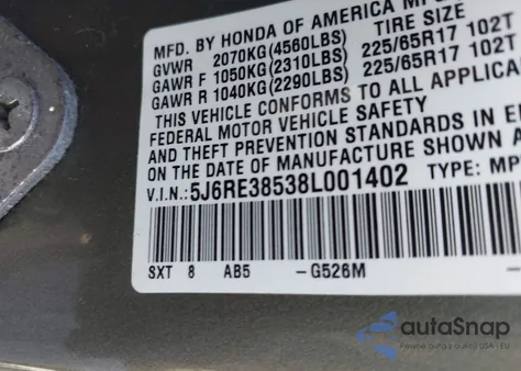2008 Honda Cr-V Ex from USA, damaged, VIN 5J6RE38538L001402
